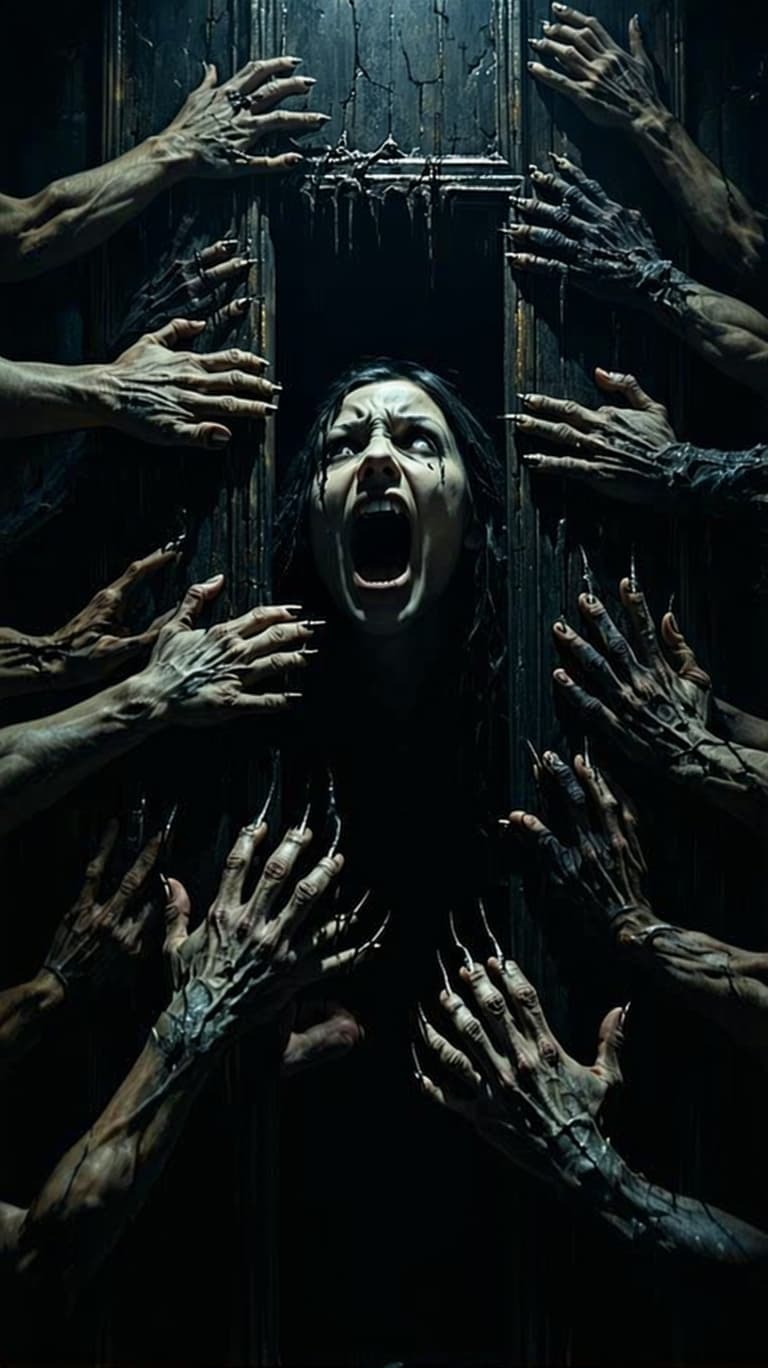 AI generated: Horror, Hyperrealistic, hellish, dystopian, nightmare, a wall full of arms and hands grabbed a perso...