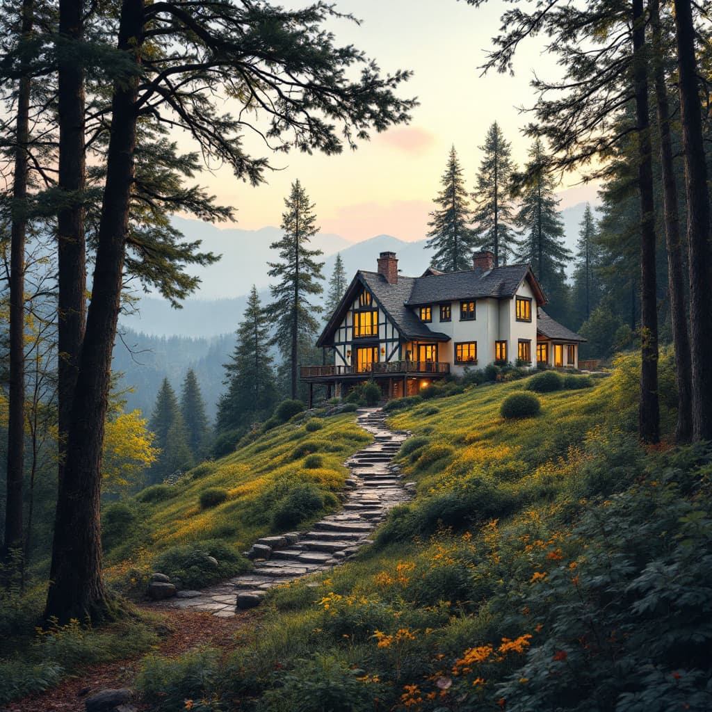 AI generated: Beautiful house on hill overlooking forest facing east, two story, proportional, yellow 