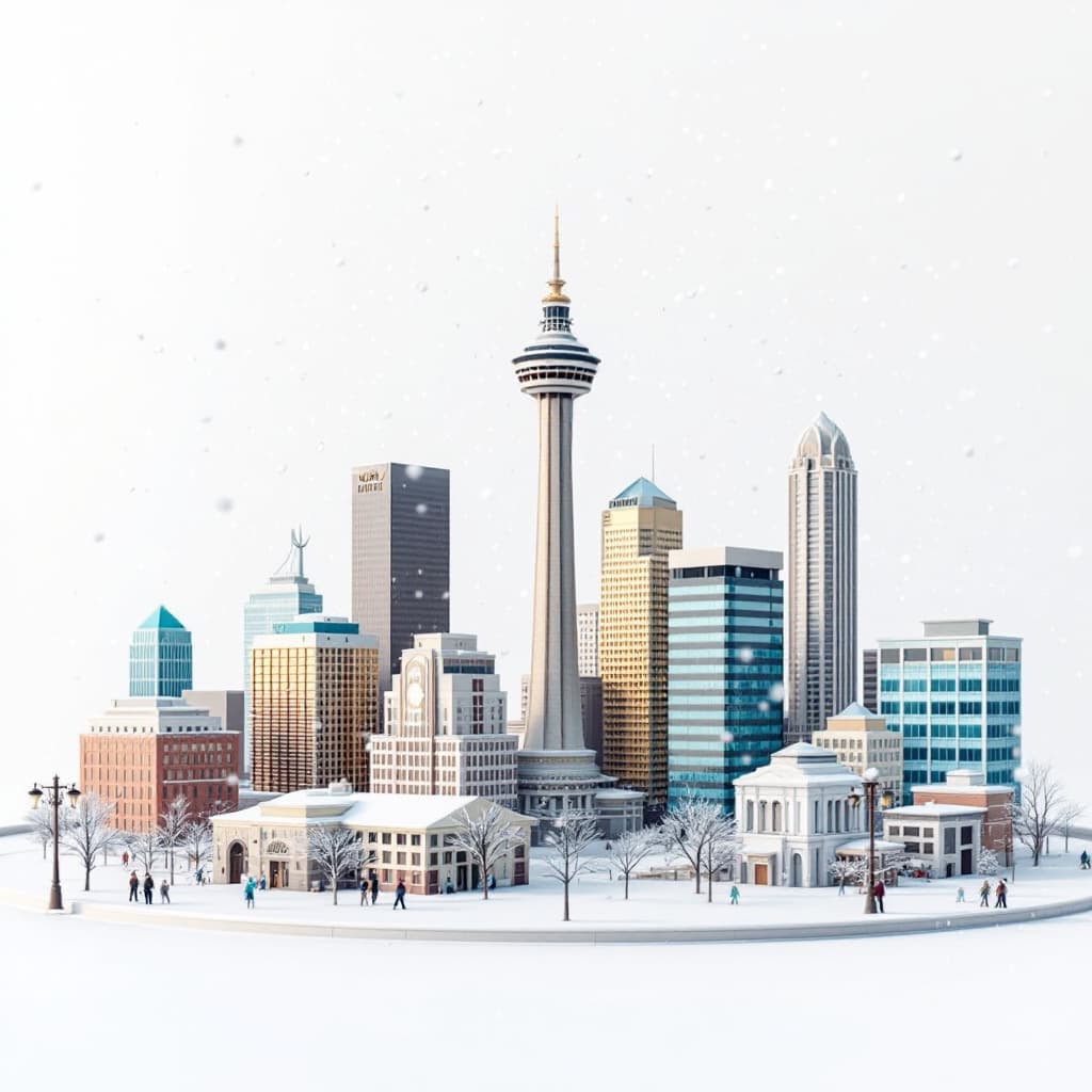 AI generated: •  3D downtown Oklahoma City skyline with snow flurries falling.