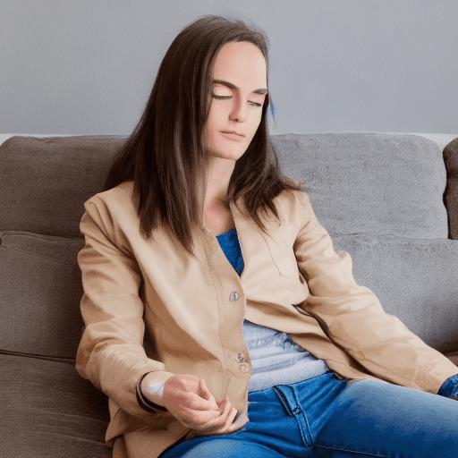 AI generated: Hyper realistic female blind blue eyes brown jacket jean shorts sitting on couch watching television...