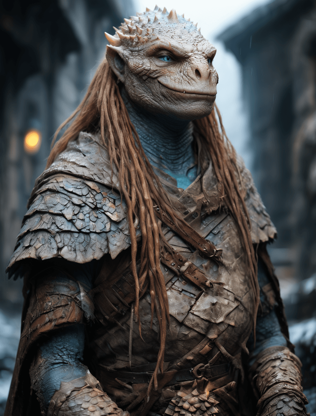AI generated: a lizardfolk wearing a cloak, blue eyes, smiling, ginger hair, ancient ruins, fantasy , overcast, go...