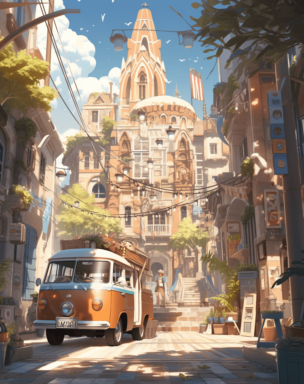 AI generated: a city with a truck outside, in the style of psychedelic color schemes, art nouveau influences, phot...