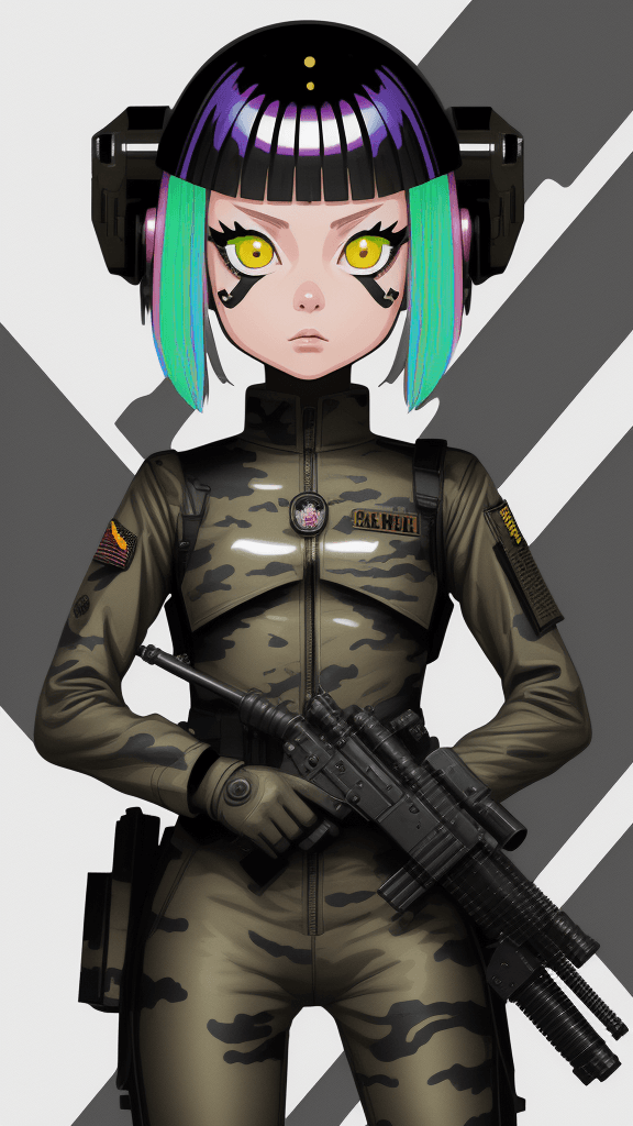 AI generated: in a army background portrait of little alien woman, wearing (army attire):1.1, with (a army weapon)...