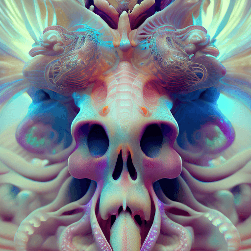 AI generated: Goddess close-up portrait ribcagel. jellyfish phoenix head, nautilus, orchid, skull, betta fish, bio...