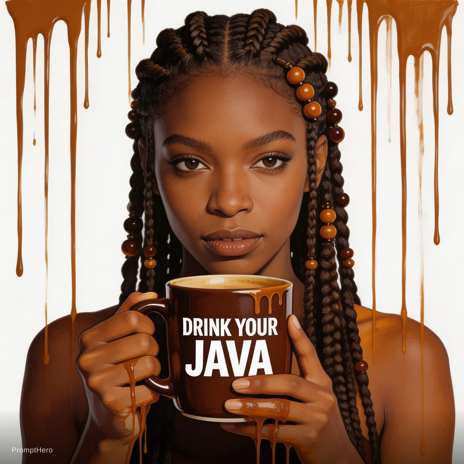 AI generated: drink your java screenshot 3, in the style of surreal illustrations, pop colorism, dark amber and wh...