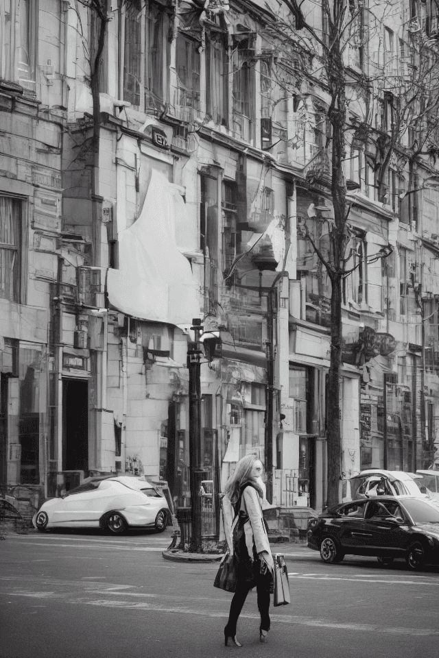 AI generated: The image features a sexy woman walking down a street while holding a handbag. She is wearing a whit...