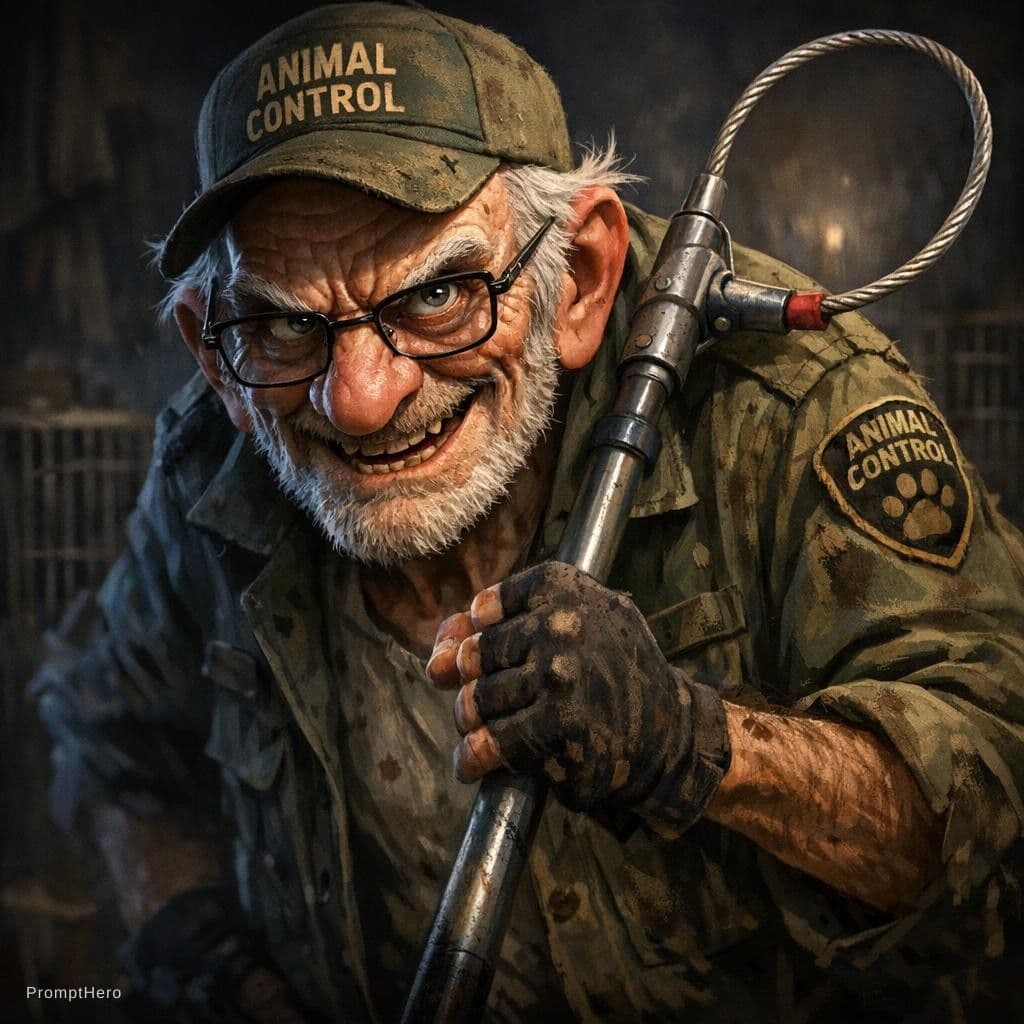 AI generated: Expressive caricature in Pixar style, unreal, charming yet sinister and aggressive old animal catche...