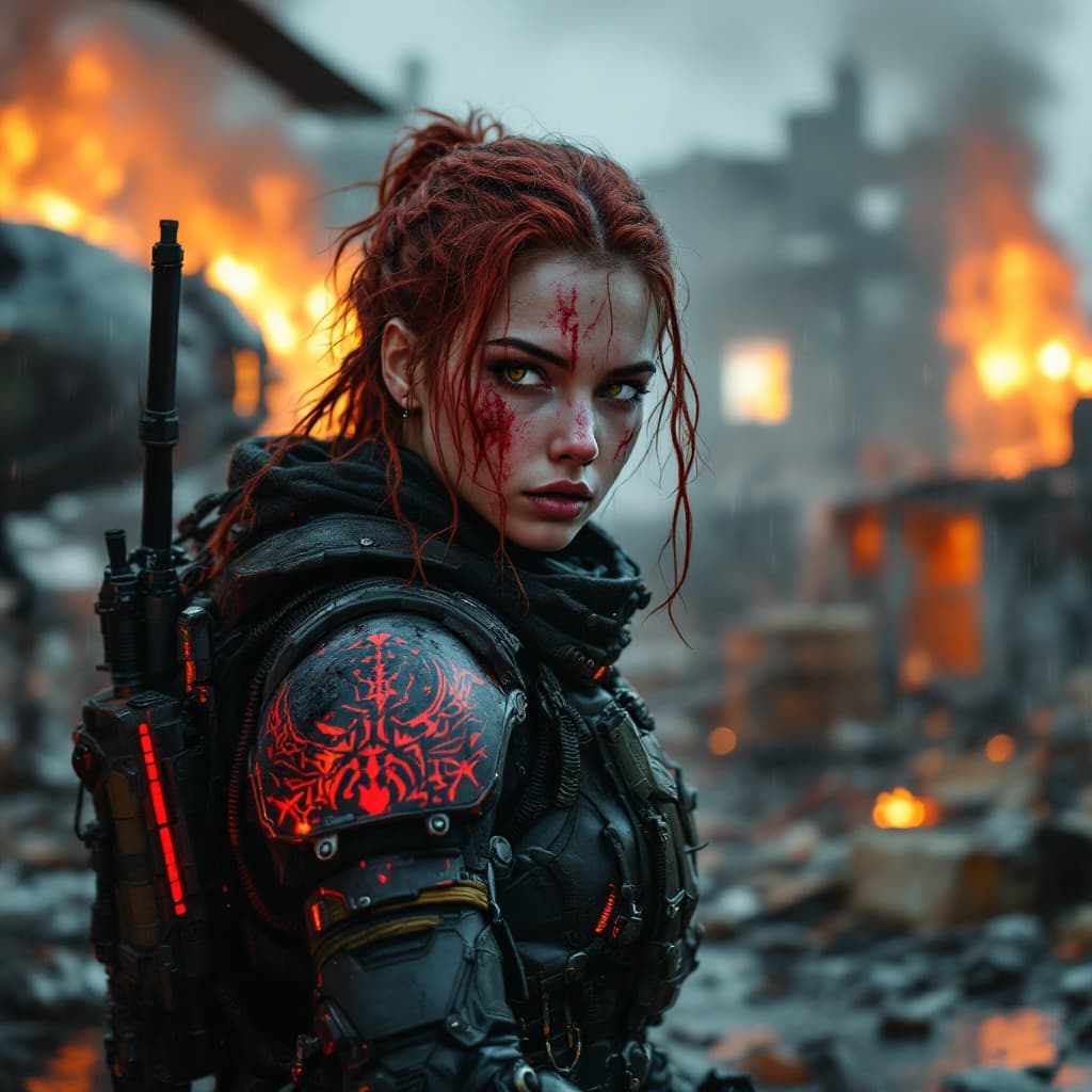 AI generated: Postapocalyptic combat scene with a Beautiful hyperrealistic photograph of cute Young Swedish woman ...