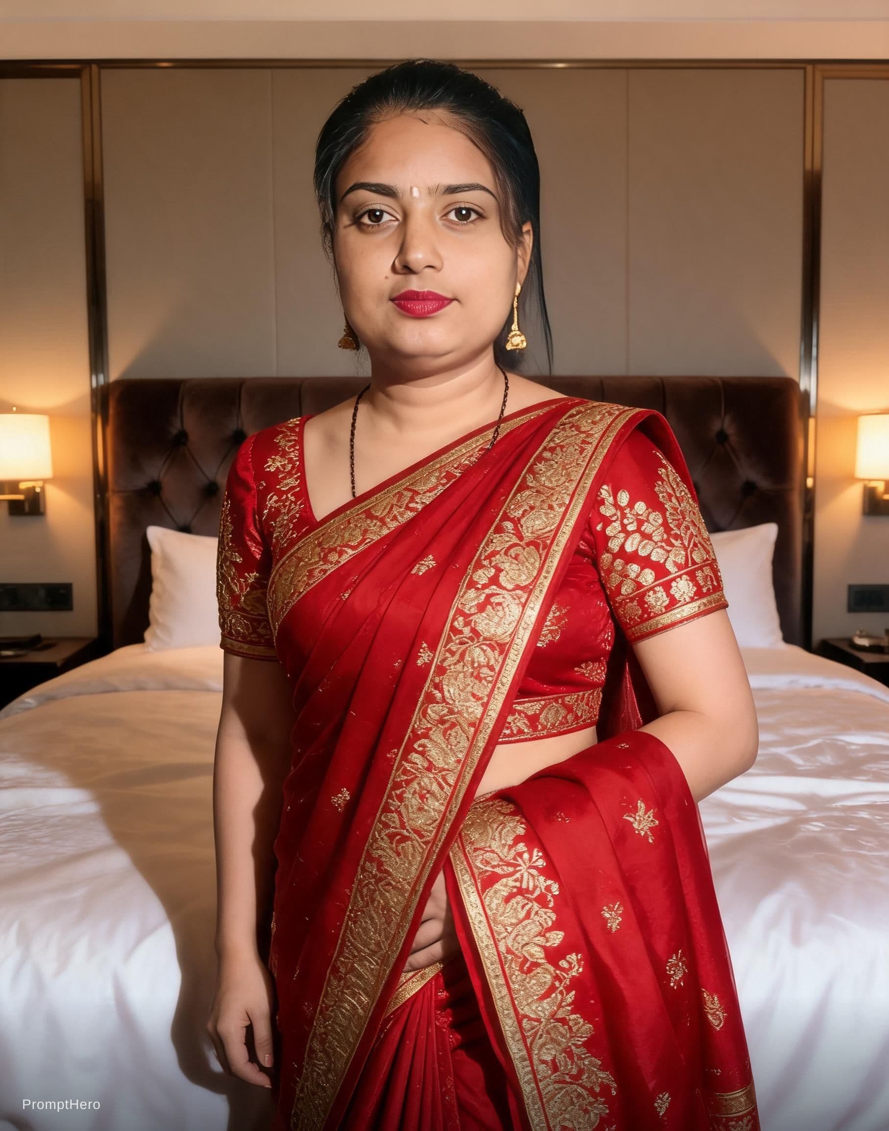 AI generated: Transparent Red wet saree Indian woman, Kajol devgn,without blouse, tight, sleeping on edge on bed, ...