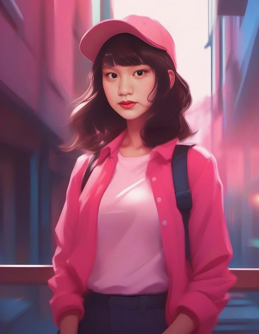 AI generated: anime girl with a pink shirt and a red hat, urban girl fanart, anime style illustration, anime art s...