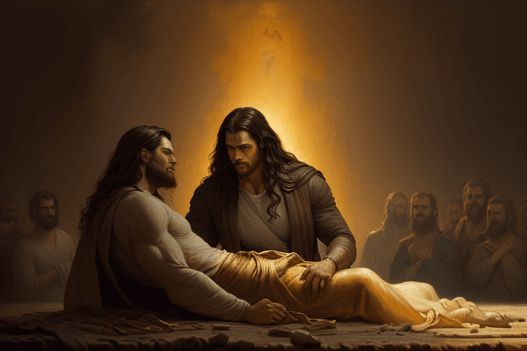 AI generated: breathtaking soft painting Jesus resurrects Lazarus, a golden sky, realistic oil painting - (impasto...
