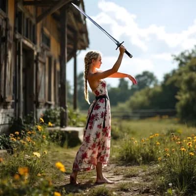 AI generated video: the woman tries the sword, swings it, takes it with both hands miming blows.
