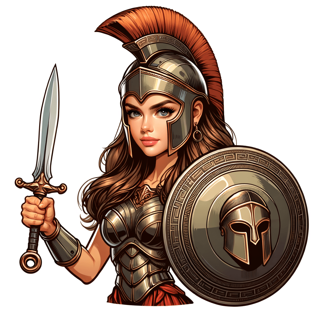 AI generated: a young gorgeous full figured Spartan woman with thick aesthetic physique, holding a round Spartan s...