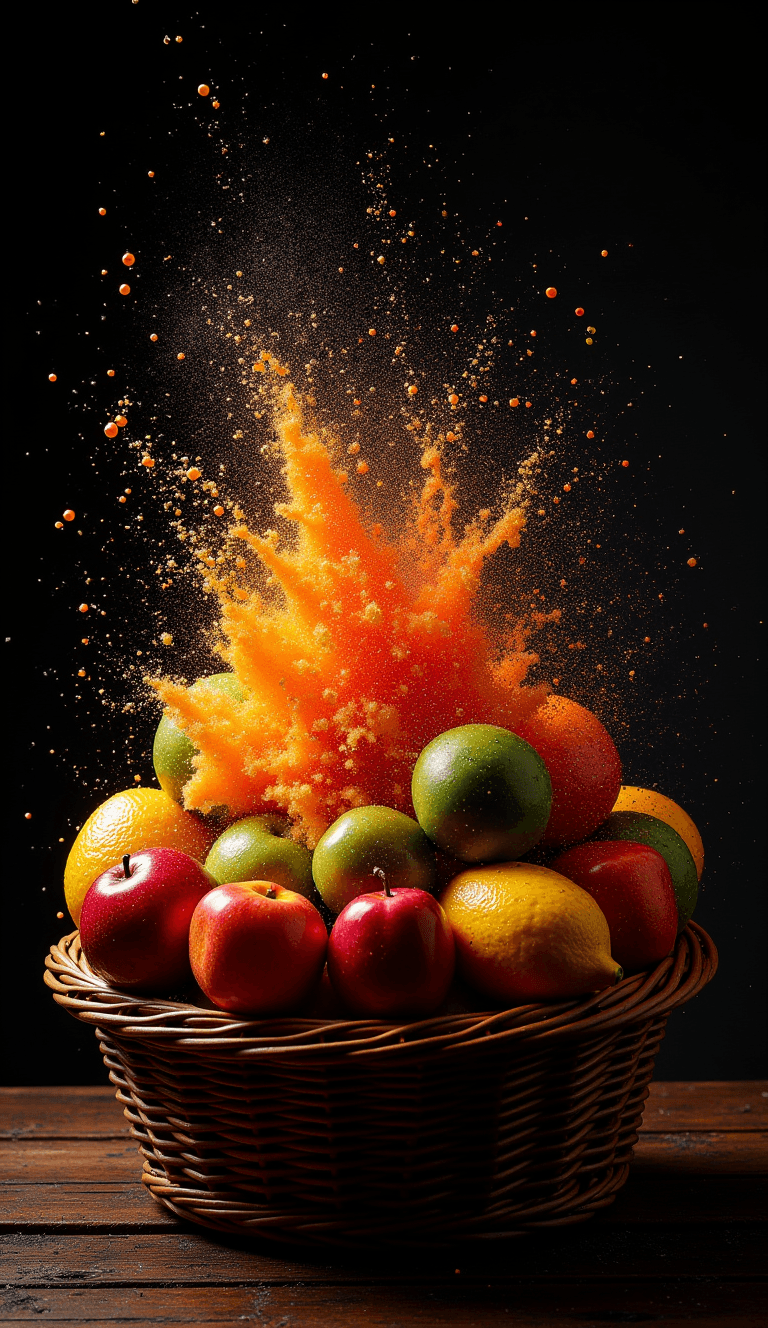 AI generated: a basket of colorful fruits, with extreme contrast, extreme details, explode with huge particles spl...