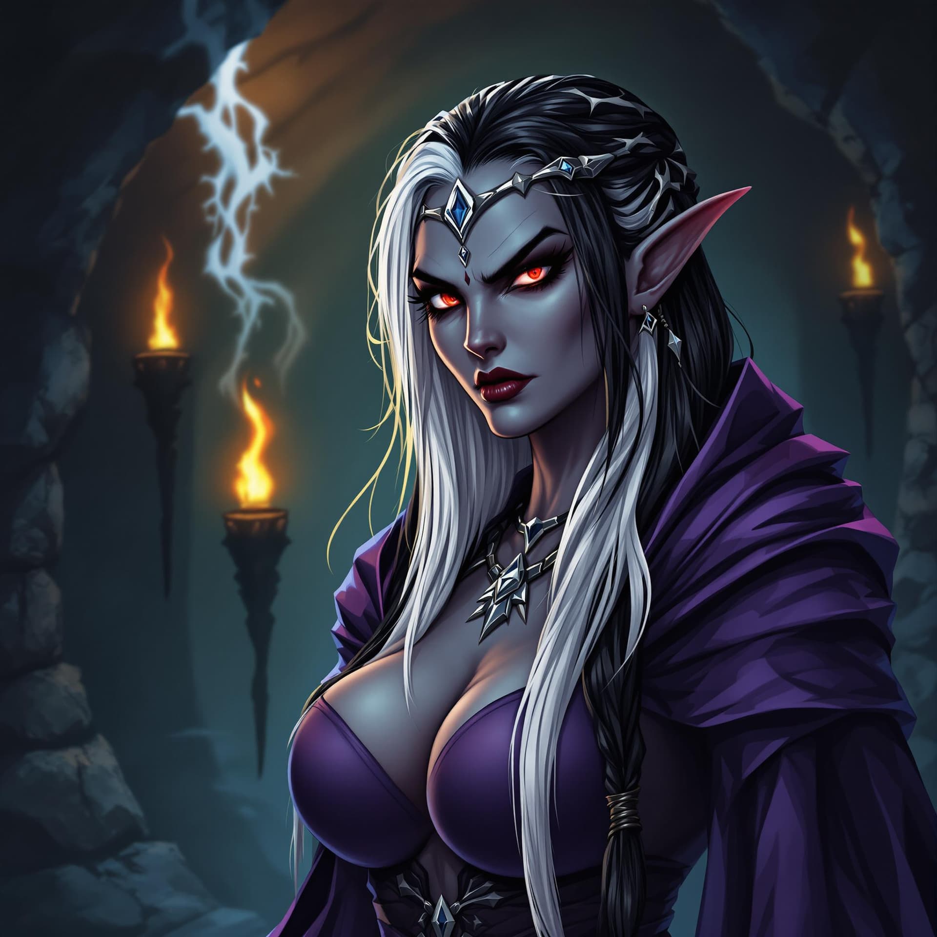 AI generated: Realistic fantasy cartoon. Beautiful gray dark-skinned drow elf, mature woman in purple-black robes,...