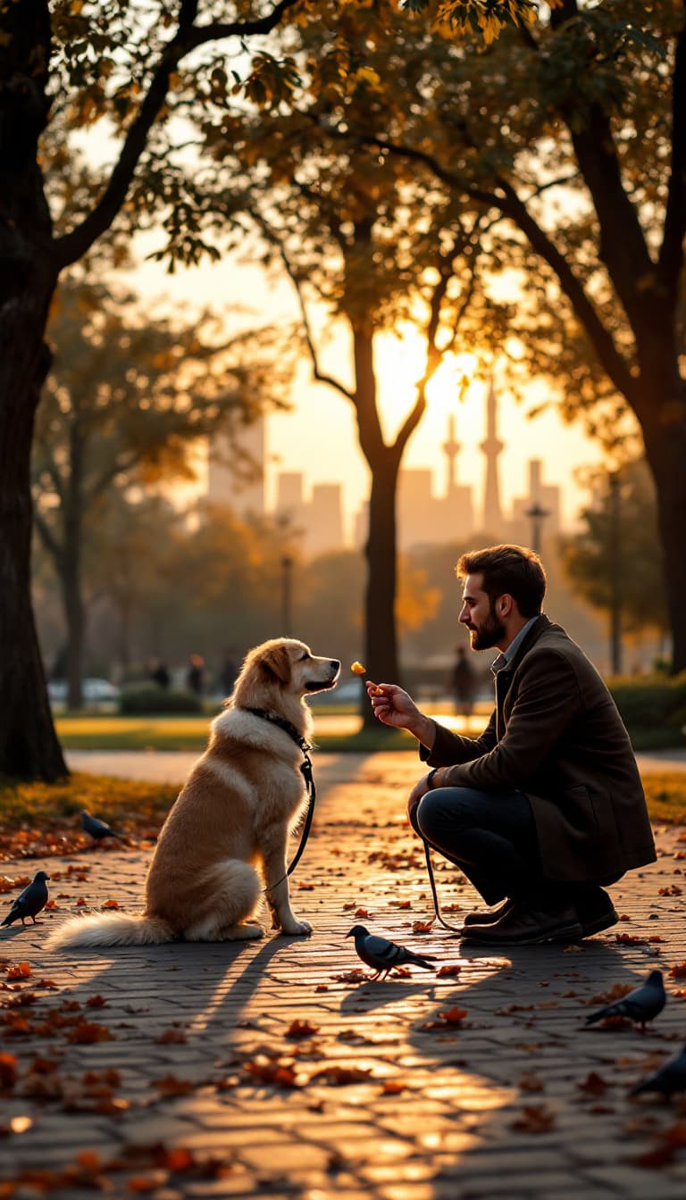 AI generated: A man is training his dog in a quiet corner of a park in Tehran. He kneels slightly, holding a treat...