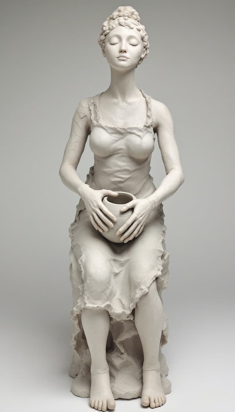 AI generated: (21) A ceramic sculpture, influenced by the organic forms of Lucie Rie, portrays a female potter, he...