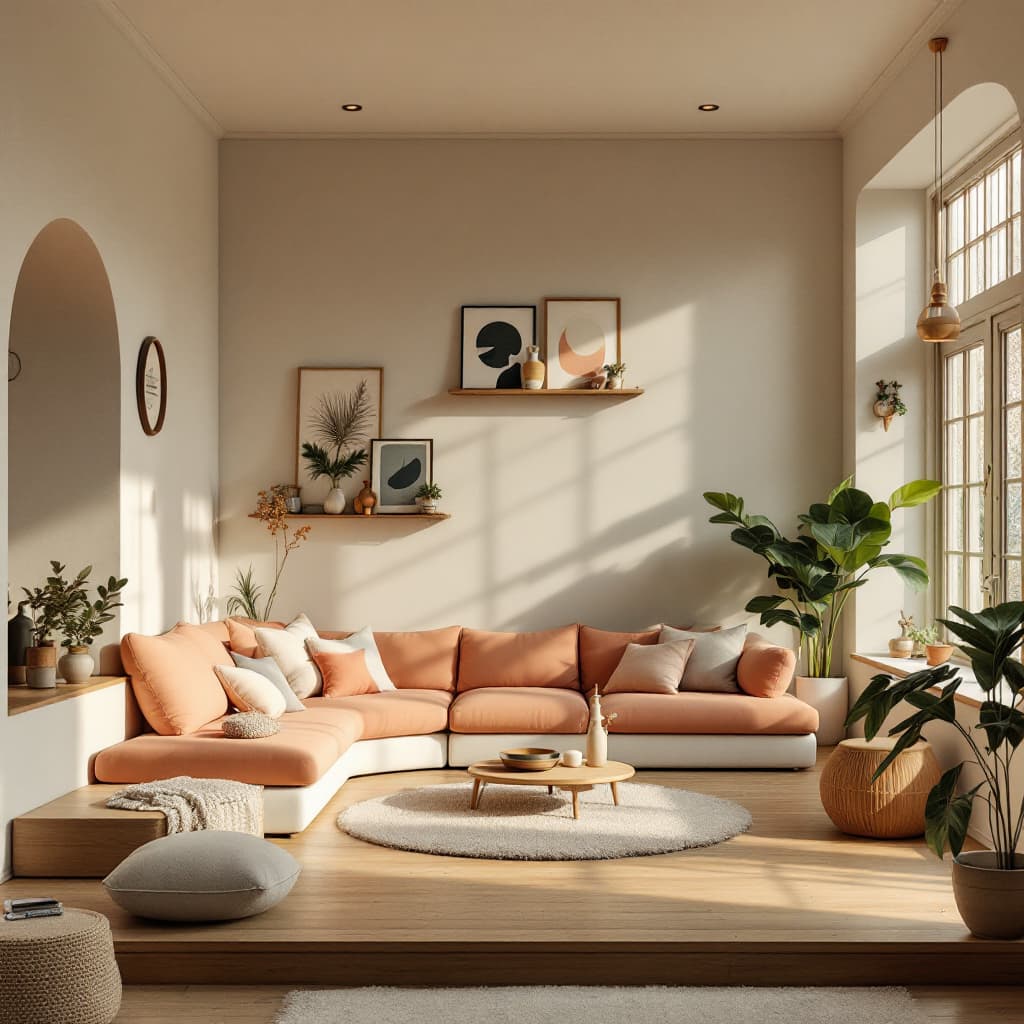 AI generated: High resolution photography interior design, dreamy sunken living room conversation pit, wooden floo...