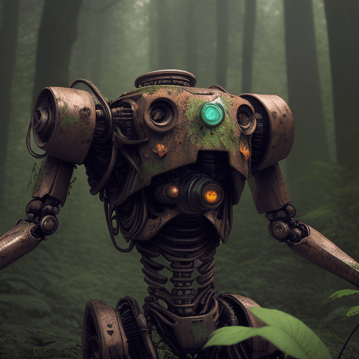 AI generated: a dead old and rusty body of a robot lying in the forrest, plants and flowers grow out of the body o...