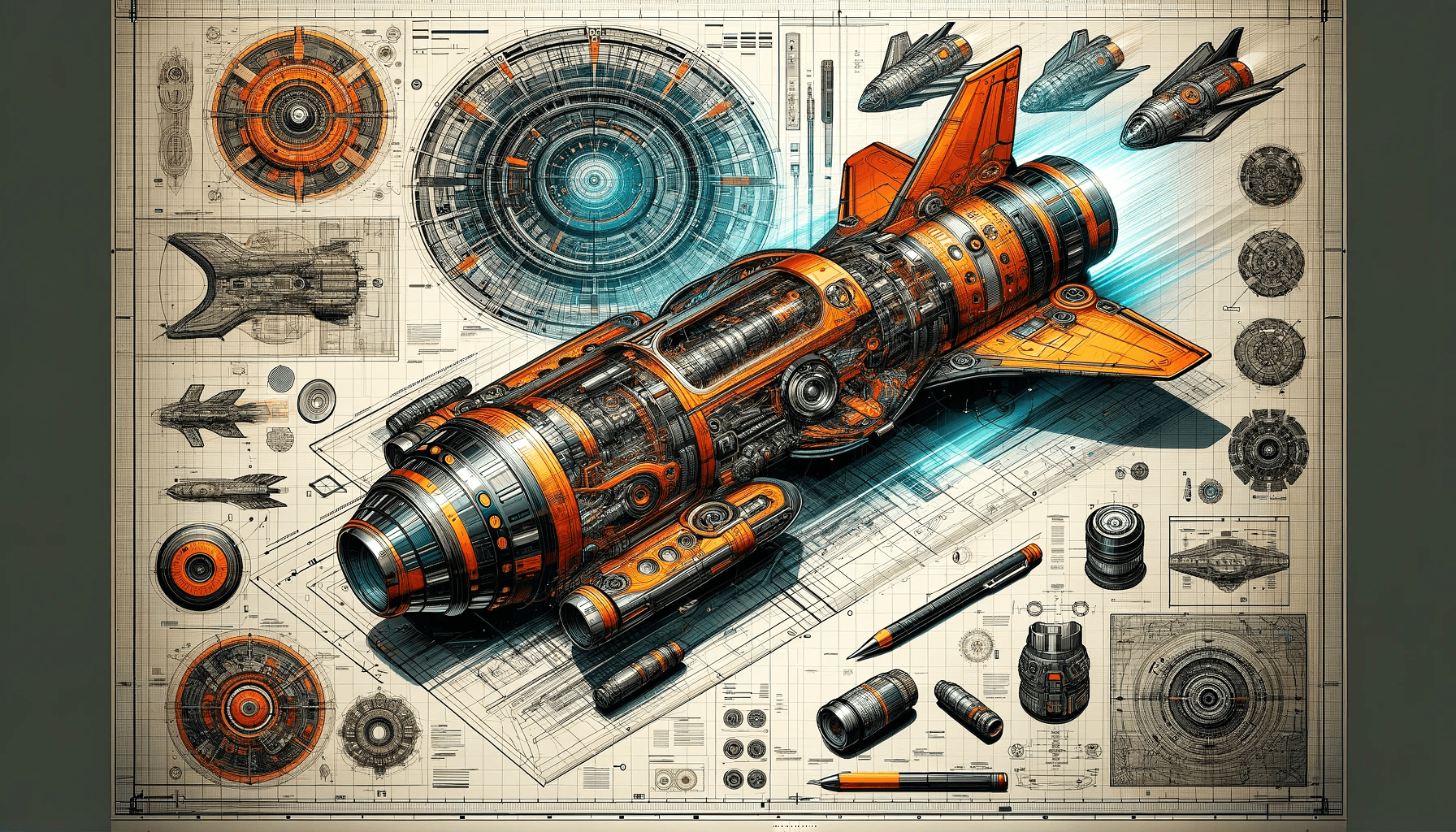 AI generated: Produce a detailed technical illustration of a spacecraft, showcasing a cutaway design that reveals ...