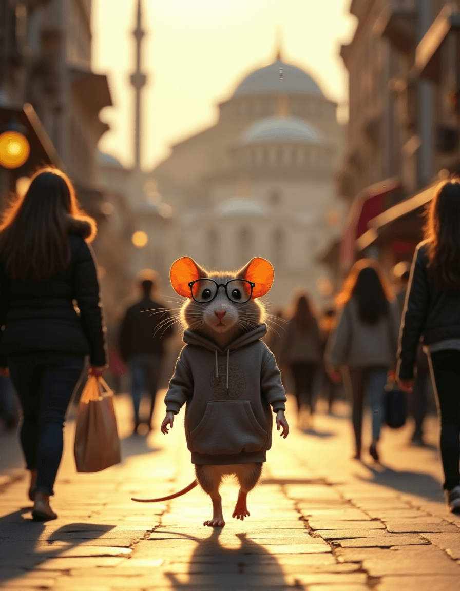 AI generated: A lively street in Istanbul during the golden hour, filled with the bustling energy of the city. A m...