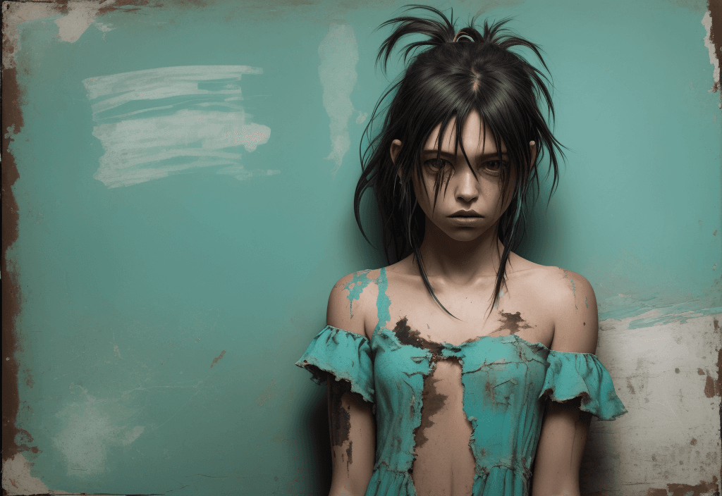 AI generated: Grunge crack scratch texture Oil on canvas Foreground Girl in tattered turquoise dress with hair sti...