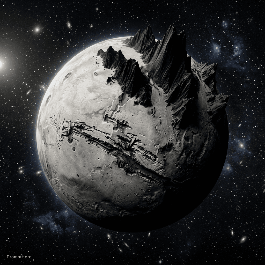 AI generated: a light grey planet with lots of deep canyons and extremely tall black mountains floating in the dar...