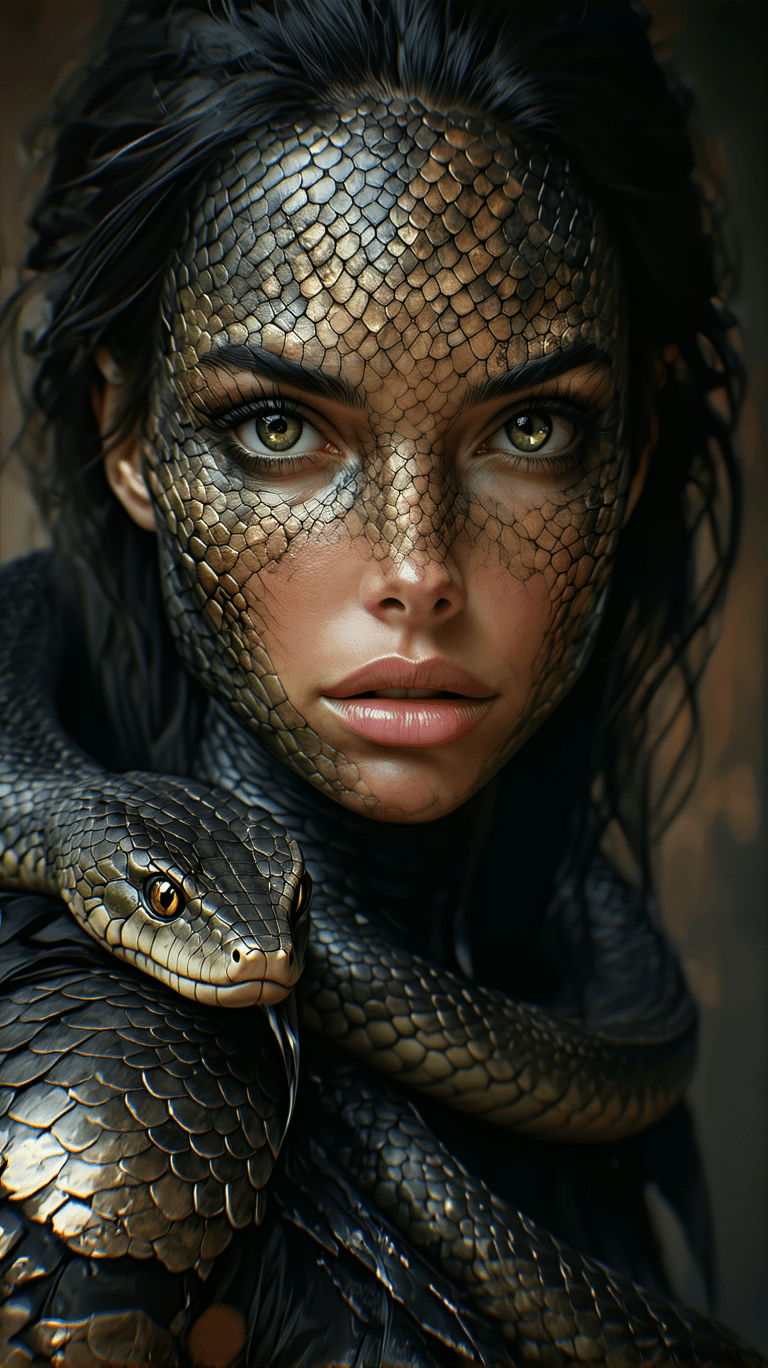 AI generated: A striking portrait of a woman with reptilian skin textures seamlessly blending into her natural fea...