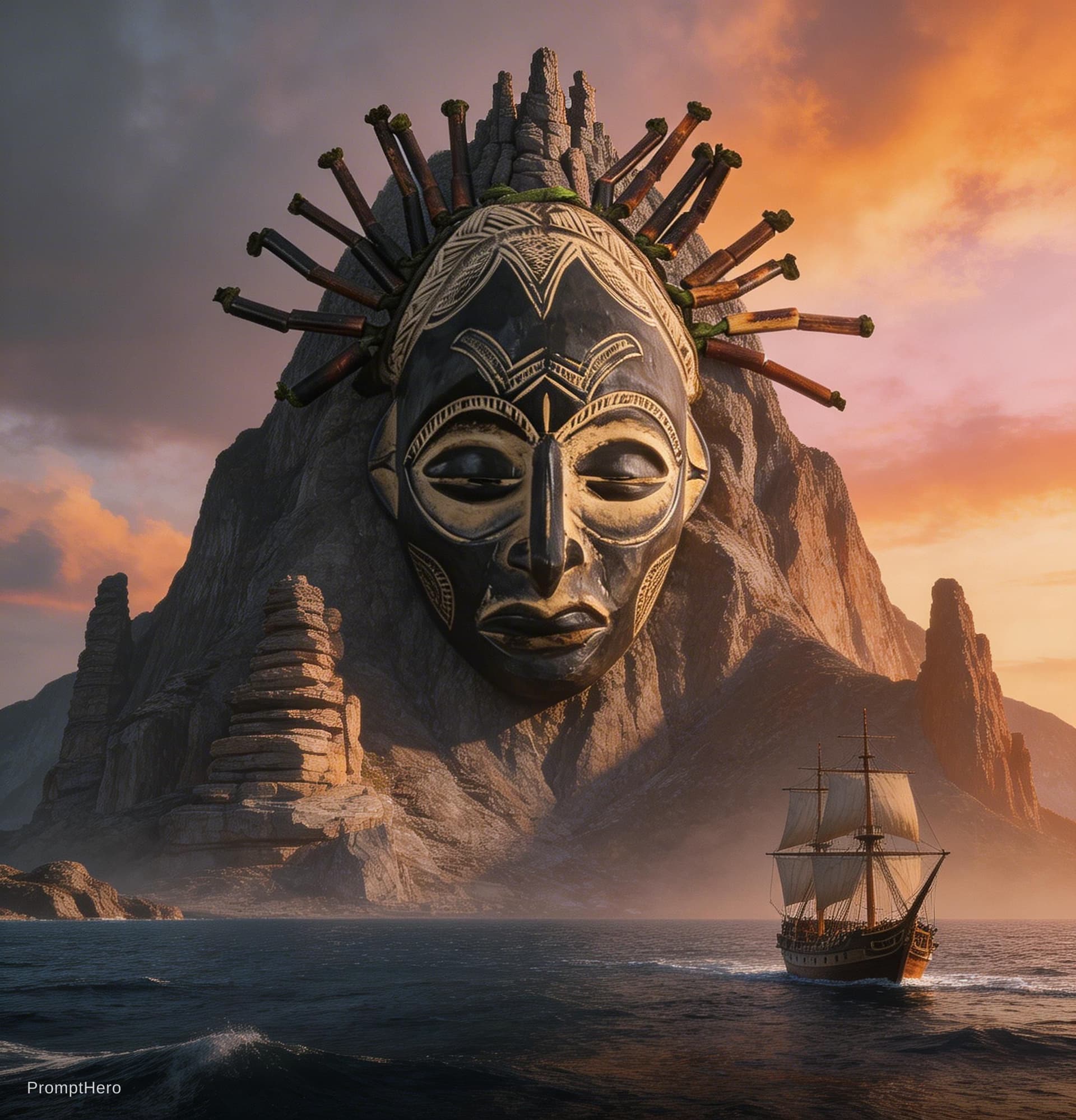 AI generated: a massive african tribal mask carved into a mountain, overlooking a vast ocean with a ship on the wa...