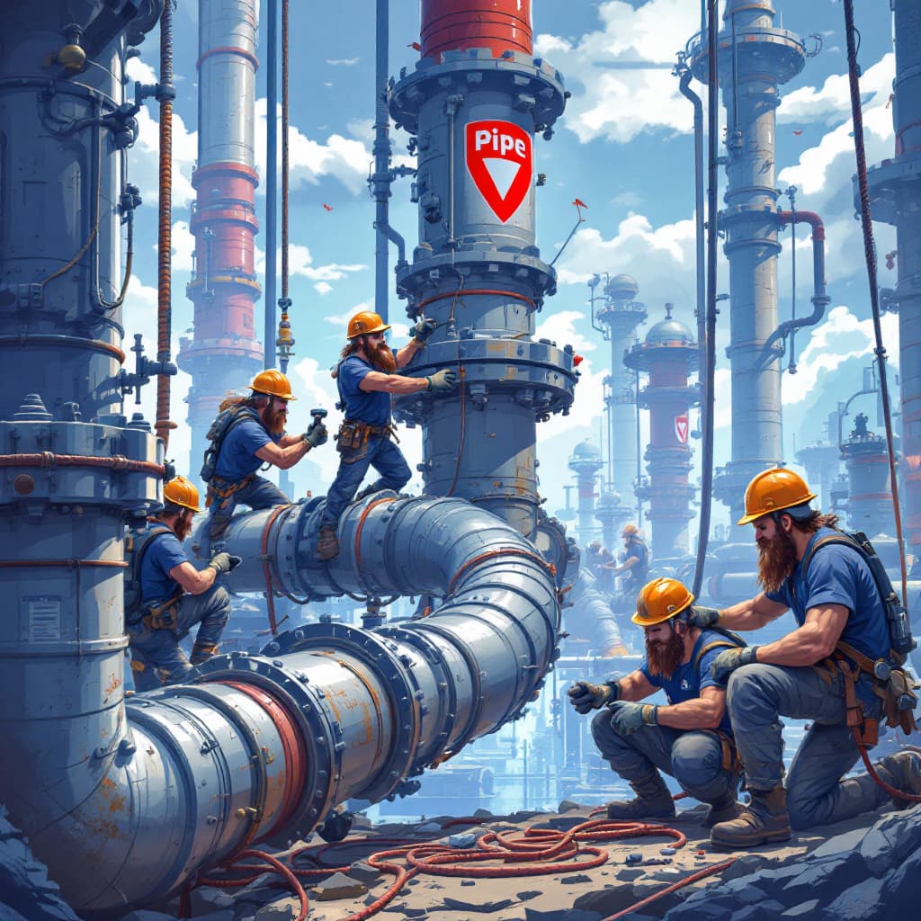 AI generated:  lots Attractive and Fit viking 'Pipe valves' (Blue 'Pipe Valves' text logo with red pipe underline)...
