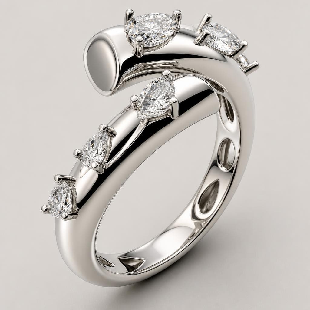 AI generated: Luxury contemporary fine jewelry ring design featuring two flowing asymmetrical curved bands that wr...