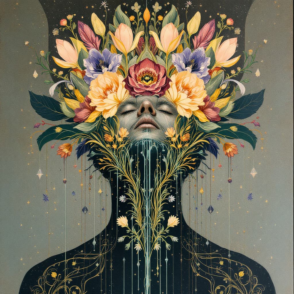 AI generated: a man with his head covered in water, in the style of art nouveau-inspired illustrations, colorful c...