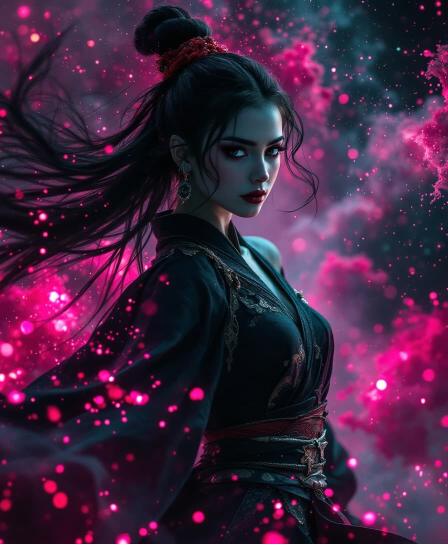 AI generated: Uma graciosa mulher samurai dança, seus movimentos criando uma explosão deslumbrante de cores e bril...