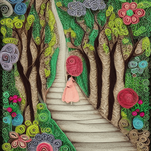AI generated: Paper quilling, paper cut art, paper illustration, village path, long road, a hedgehog girl walking ...