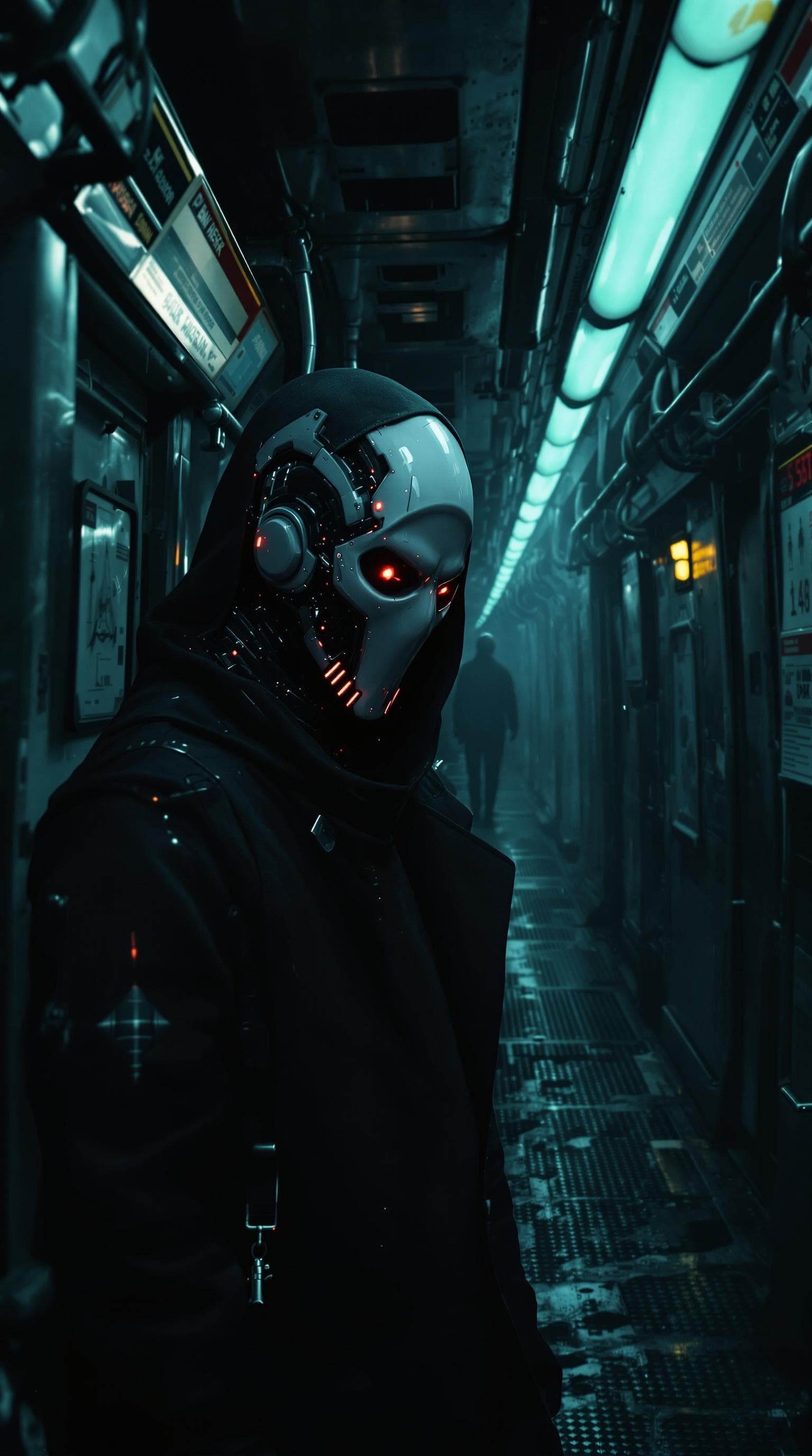 AI generated: Cyborg version of Ghost Face from the movie scream  in a dark haunting subway in New York, moody atm...