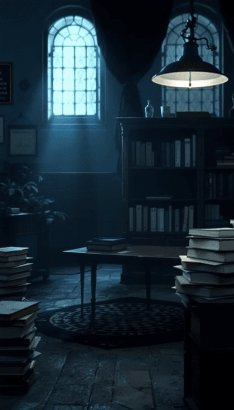 AI generated: create a background of a empty Victorian Police station, make it dimly lit and atmospheric, bookshel...