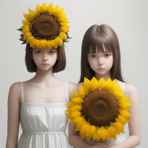 AI generated: White minimalist room with nothing::2 girl in a dress head completely covered with yellow sunflowers...