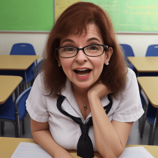 AI generated: professora alegre e divertida, de 44 anos, na sala de aula com os alunos 

