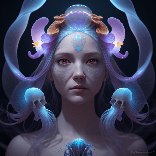 AI generated: Goddess close-up portrait ribcagel. jellyfish phoenix head, nautilus, orchid, skull, betta fish, bio...