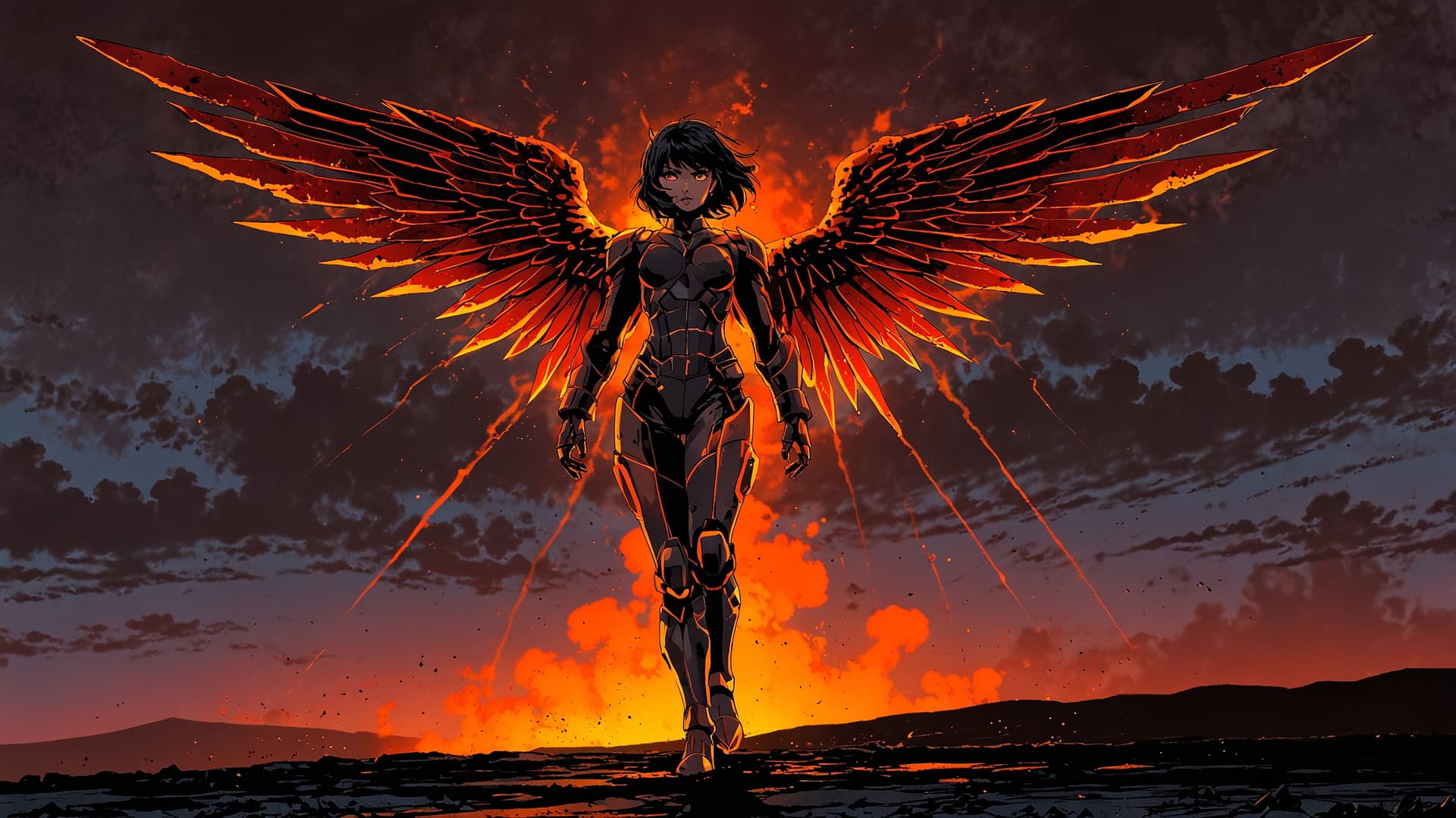 AI generated: High-fantasy digital artwork featuring a powerful, armored female warrior with glowing, fiery wings....