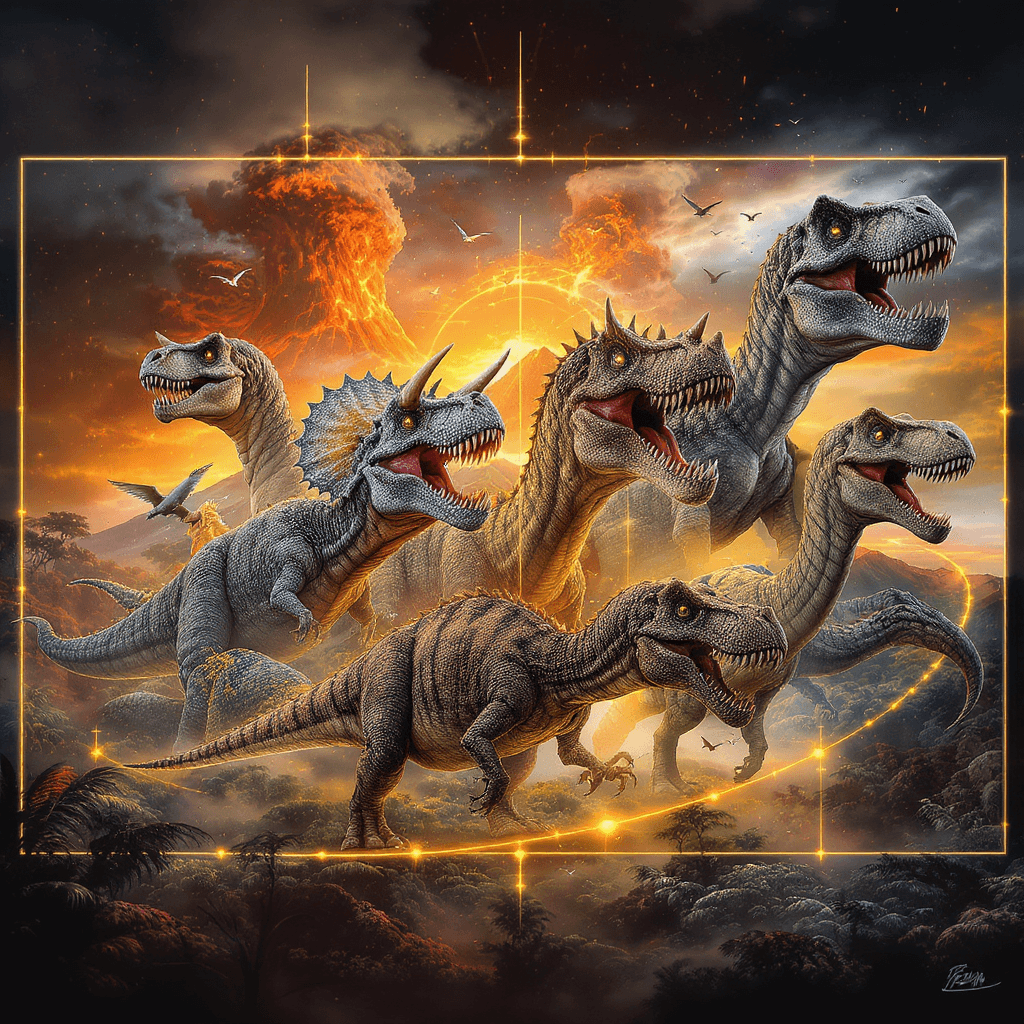 AI generated: A striking collage of ancient prehistoric animals, including Triceratops, Tyrannosaurus Rex, Brachio...