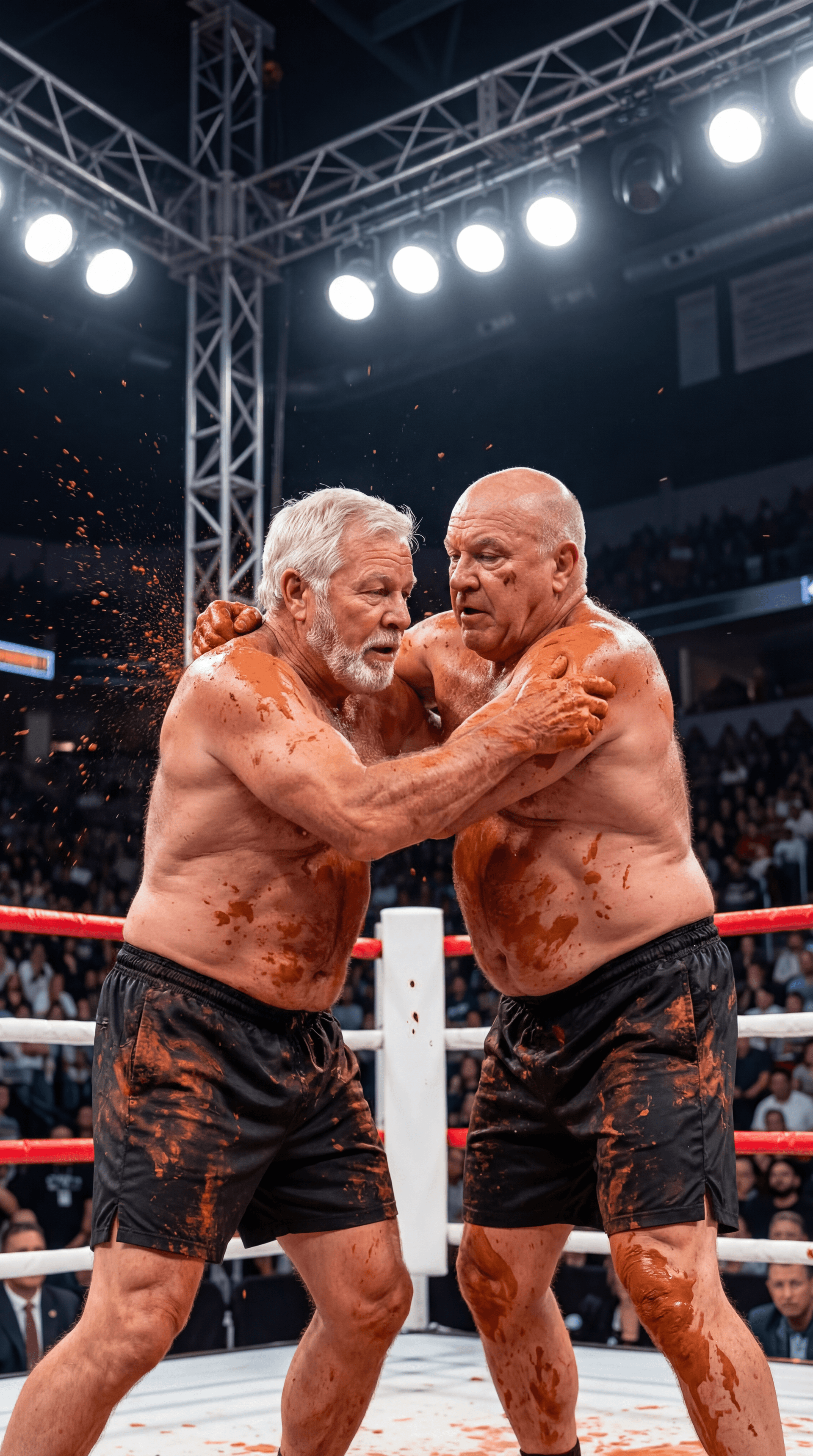 AI generated: PROFESSIONAL SPORTS PHOTOGRAPH
AMERICAN RED CLAY MUD WRESTLING — BOXING RING — VERTICAL 9:16
ASPECT ...