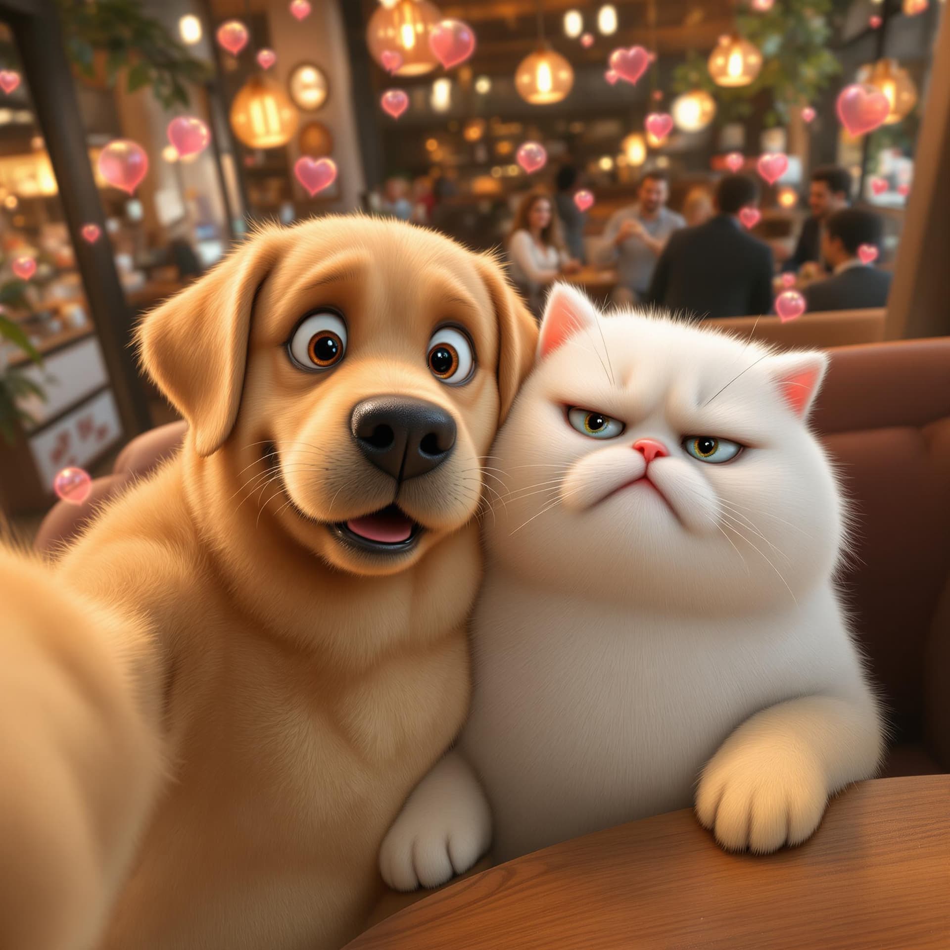AI generated: An anthropomorphic golden Labrador retriever with big, expressive eyes and a big smile takes a selfi...