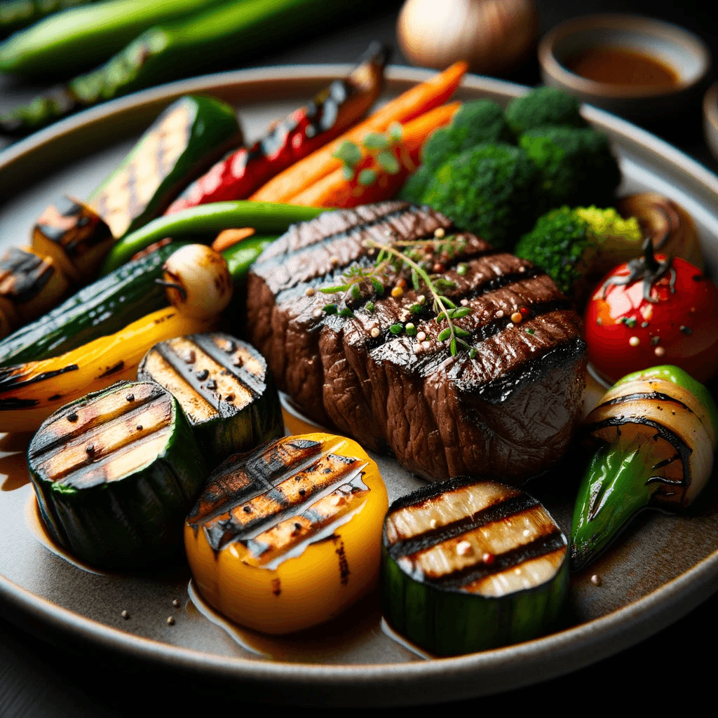 AI generated: Food photography focusing solely on the dish itself, showcasing perfectly grilled beef and vibrant g...