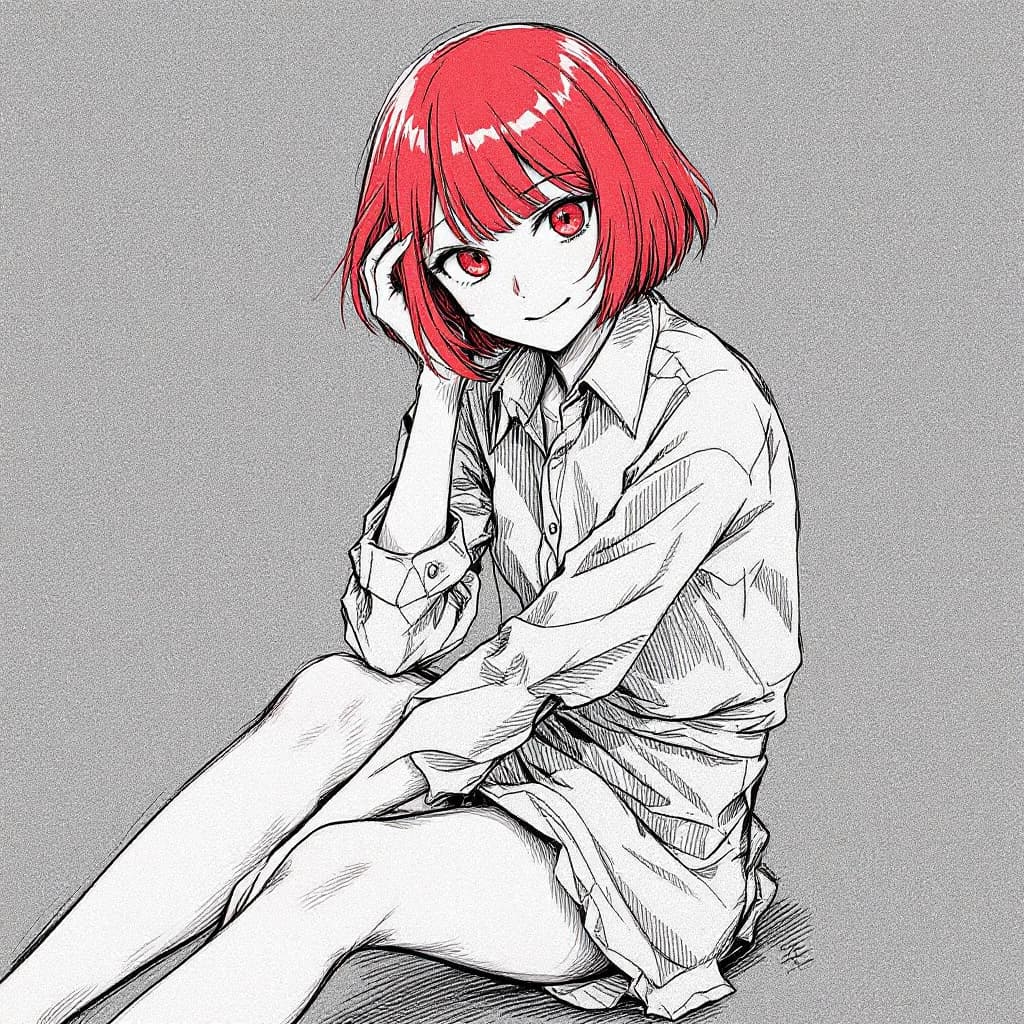 AI generated: by mika pikazo, bright eyes, bob cut red, hype, flat, skirt, dress shirt, long hair, masterpiece,  l...
