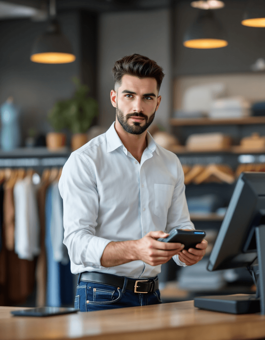 AI generated: A modern, minimalistic, women's clothing store anchors the scene. A handsome Caucasian man with dark...
