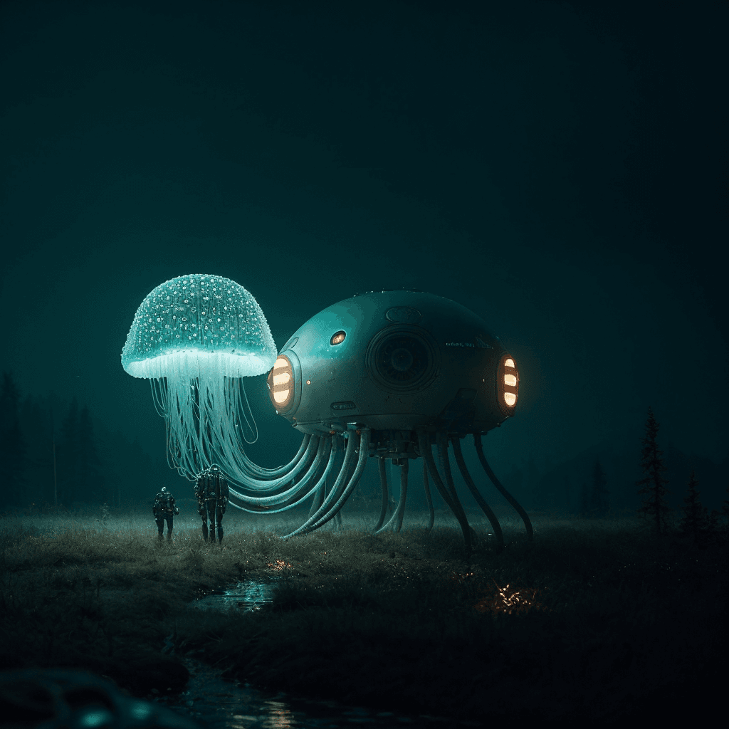 AI generated: cinematic film still biocyberpunk by Simon Stålenhag a giant floating jellyfish hardsurface robotic ...
