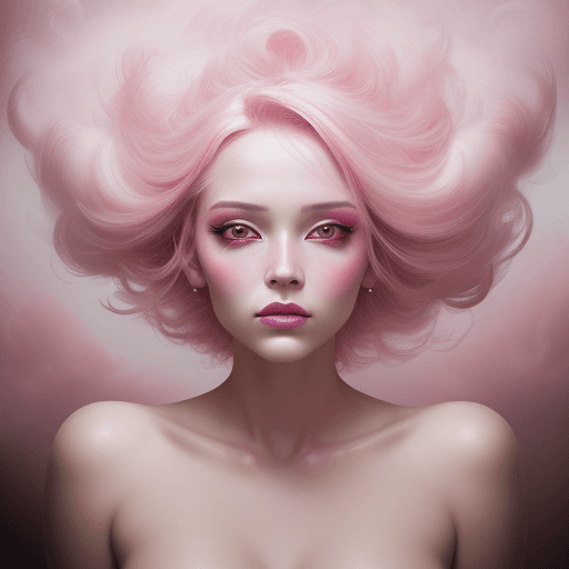 AI generated: portrait of a woman covered in cloud of smoke, whirlwind, pink highlight colors, pink make-up, hints...