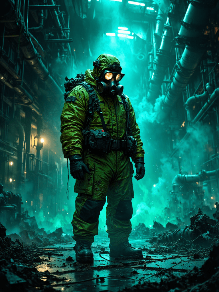 AI generated: A lone liquidator in an abandoned reactor hall, covered head-to-toe in a cracked, soot-streaked gree...