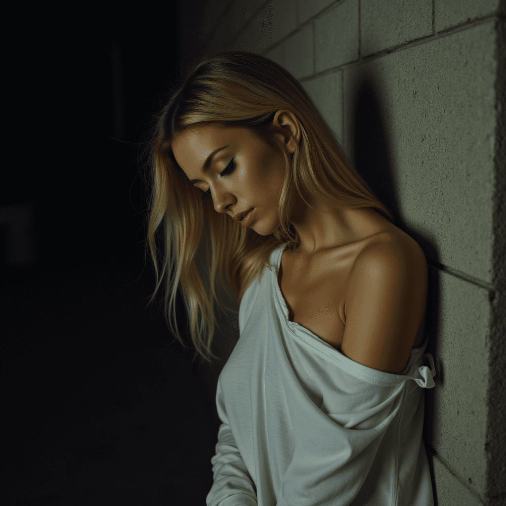 AI generated: a woman, from the side, leaning up against a cement wall, head tilted down, looking at the ground, l...
